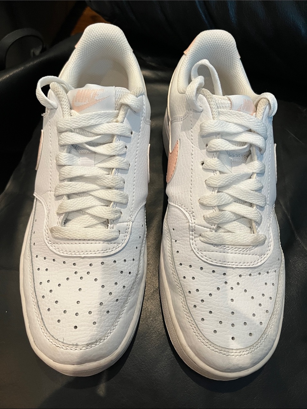 Nike White Sneakers with Light Pink Swoosh
